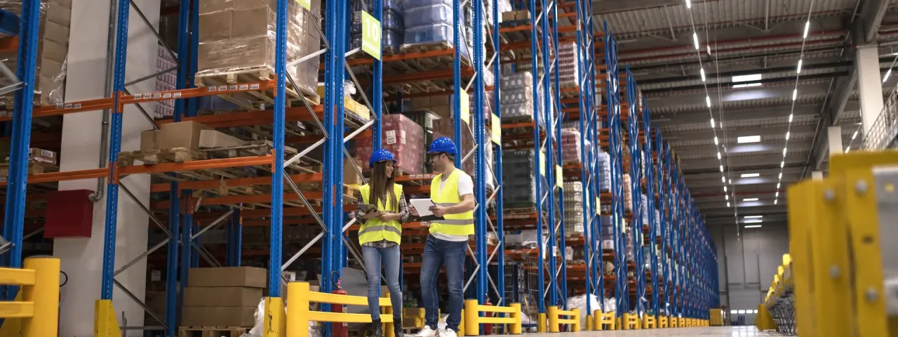 Lagermitarbeiter besprechen Logistik und Warenverteilung