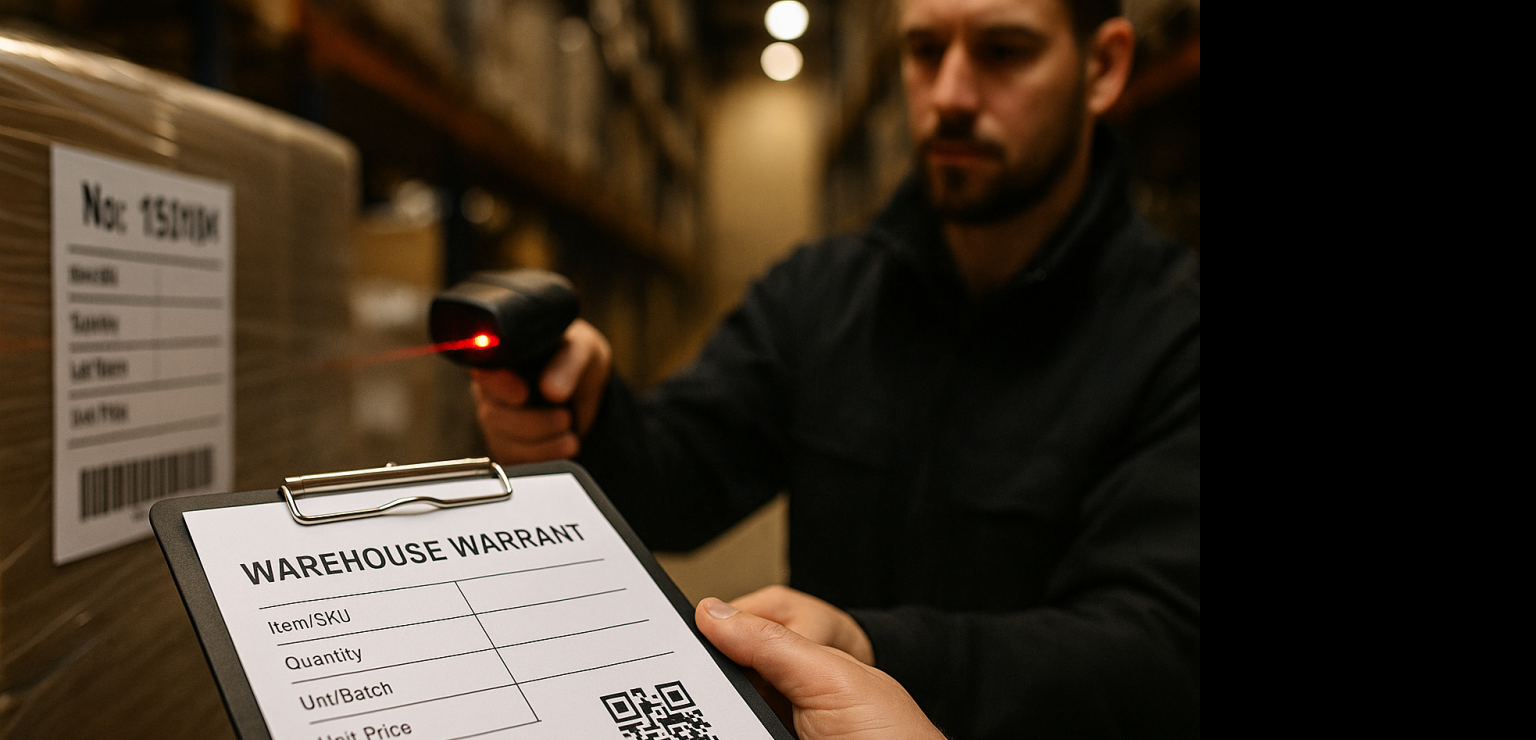 Warehouse warrant on a clipboard in a warehouse